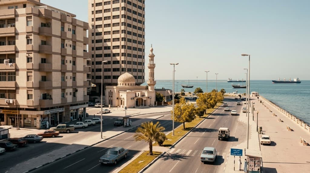 Historical photograph of the UAE capital coastline and corniche, with period architecture and vehicles.