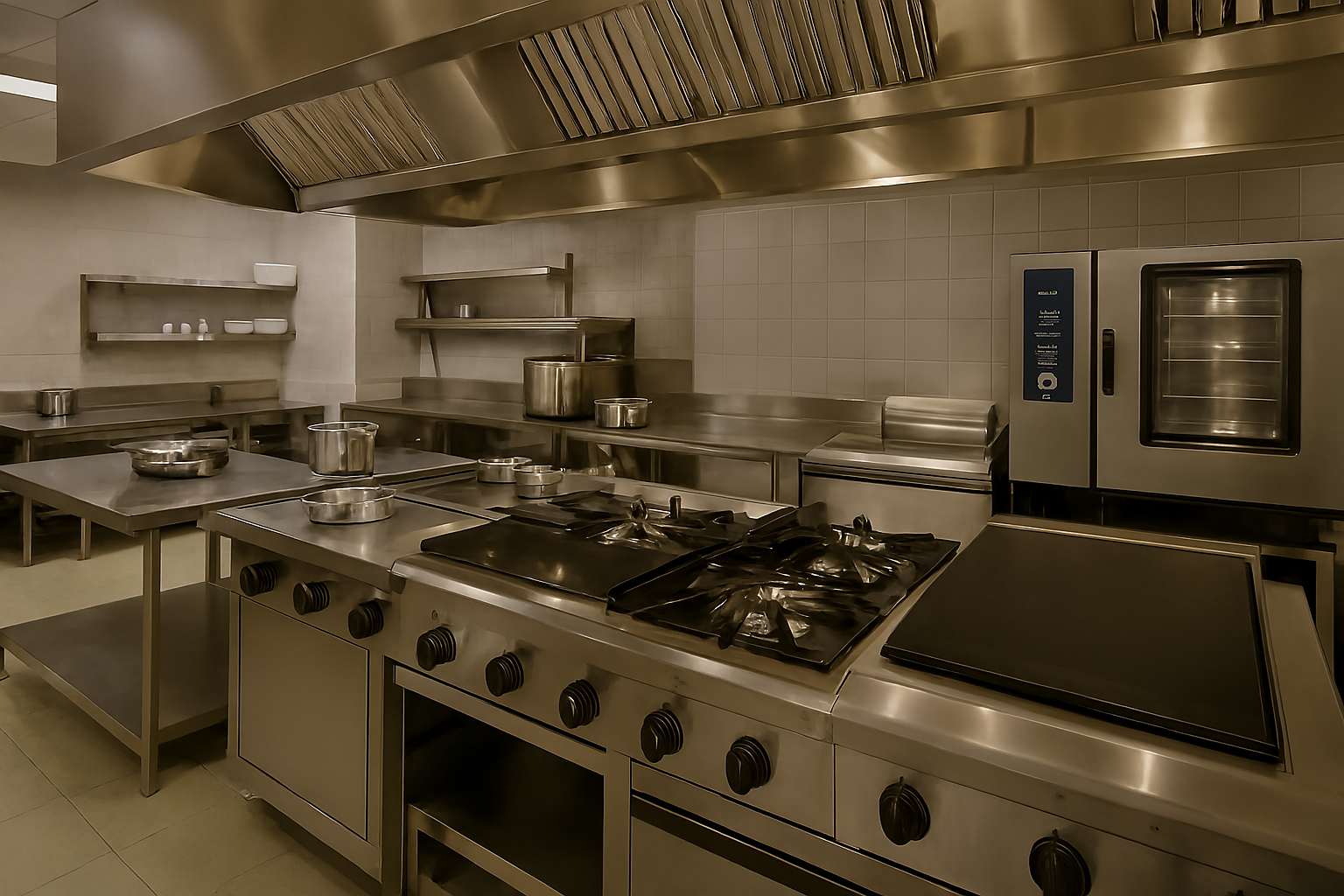 Modern commercial kitchen interior with professional equipment