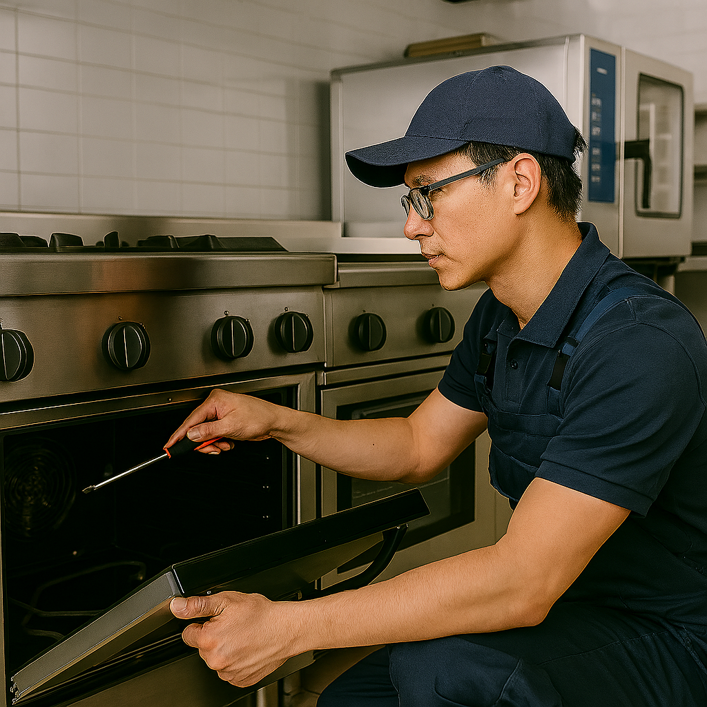 Technician performing maintenance on kitchen equipment